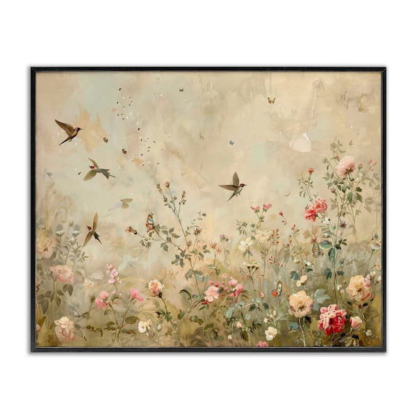 Stupell Industries Swallows in Flower Meadow by Arlington Prints Black Framed Nature Giclee Art Print 24 in. x 30 in.