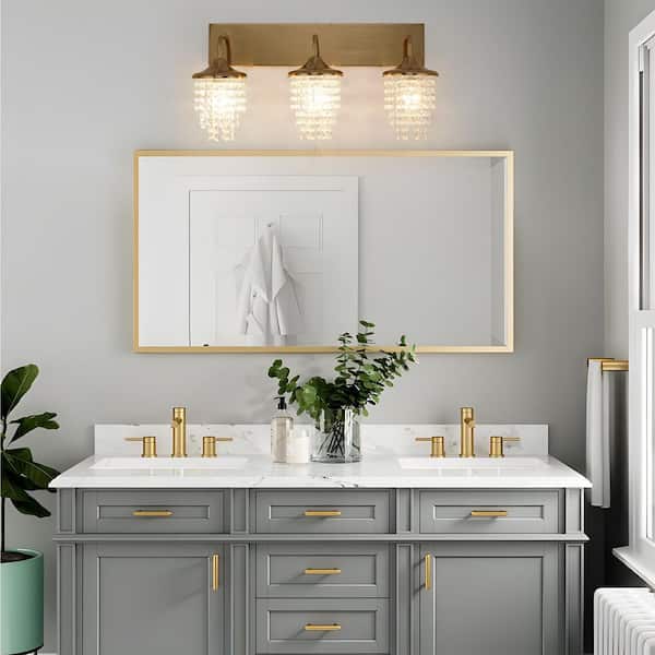 25.5 in. 3-Light Modern Gold Bathroom Vanity Light Wall Lights with Crystal Shade