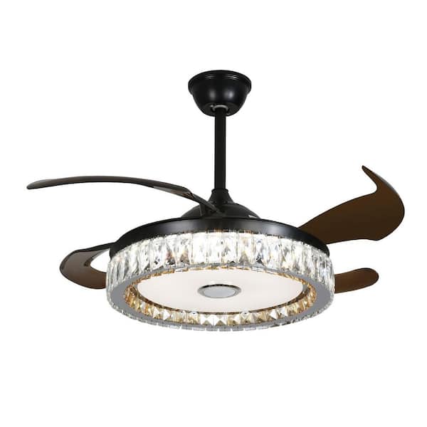 42 in. Indoor Black Modern Crystal 6-Speed Retractable Ceiling Fan with Multi-Color Integrated LED and Remote Control