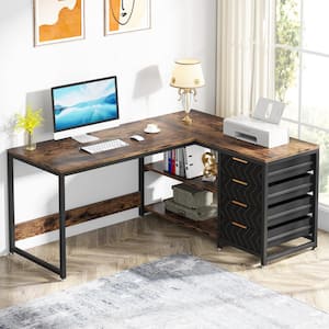 Lanita 59 in. L-Shaped Brown Engineered Wood 4-Drawer Computer Desk with Storage, Reversible Office Desk Writing Table