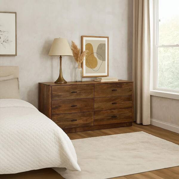 long dresser no mirror THE URBAN PORT The Urban Port Walnut Brown 6-Wide Drawers 60 in. Dresser  without Mirror UPT-326509