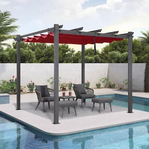 10 ft. x 10 ft. Gray Aluminum Frame Outdoor Patio Pergola Gazebo with Red Retractable Sun Shade Canopy for Deck Garden