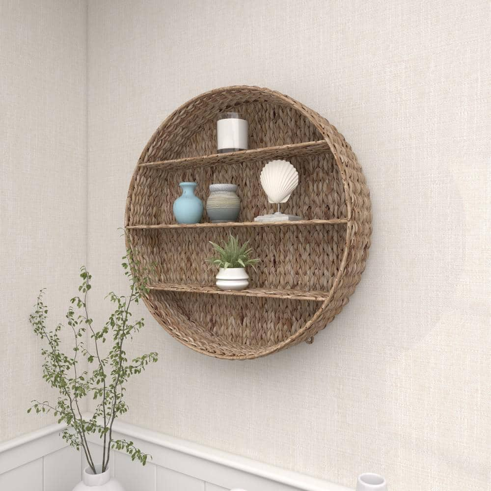 Litton Lane 24 in. x 24 in. Brown Round 3 Shelves Dried Plant Wall Shelf