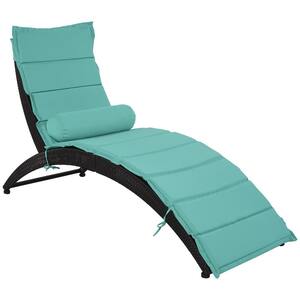 Black 1-Piece Wicker Outdoor Foldable Chaise Lounge with Removable Blue Cushion and Bolster Pillow