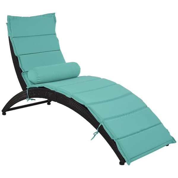 TIRAMISUBEST Black 1-Piece Wicker Outdoor Foldable Chaise Lounge with Removable Blue Cushion and Bolster Pillow