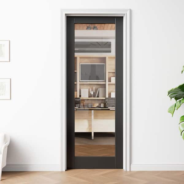 30 in.x 80 in. Right 1-Lite Clear Glass Black Solid Core Assembly Required Single Interior Door with Quick Assemble Jamb