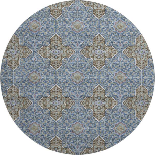 Mayfield Premium Machine Washable Abstract AMF2410 Navy 8 ft. x 8 ft. Round Rug