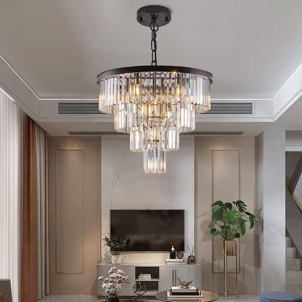 12-Light Black Crystal Chandelier, Modern 4-Tier Pendant for Living Room(No Bulbs)