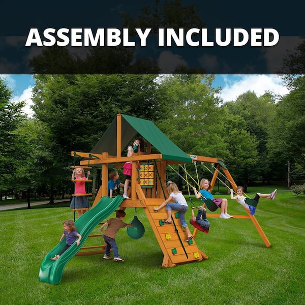 Professionally Assembled Ozark II Kids Wooden Outdoor Playground Set with Slide, Rock Wall, Punching Ball, and Swing set