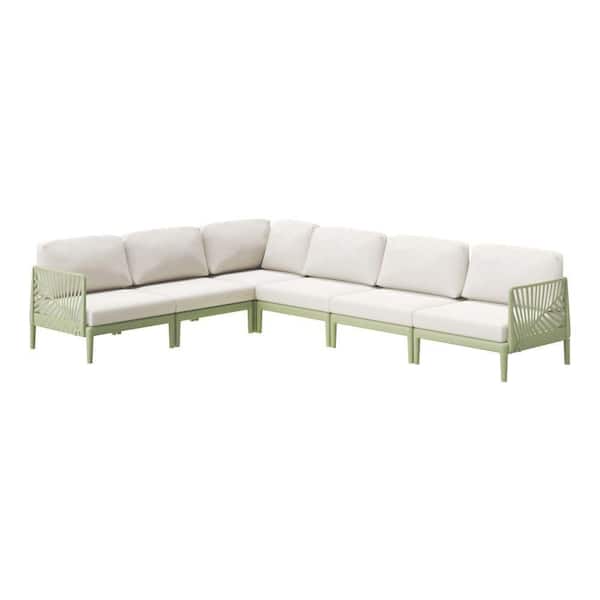 Frond&Form Outdoor Patio Green 6-Piece Poly Plastic All Weather Sectional Set with Ivory Cushions