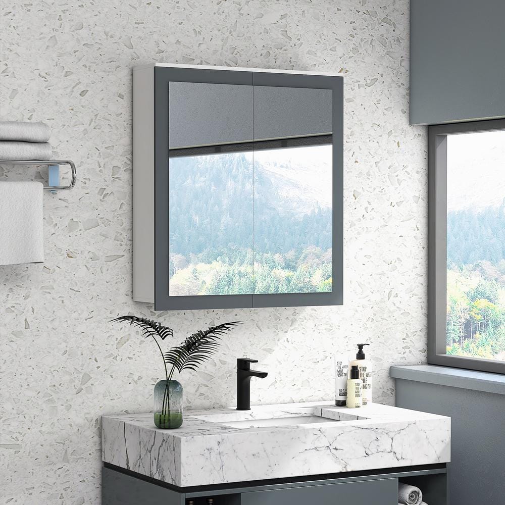 White and Gray MDF Wall Mounted Bathroom Medicine Cabinet with Mirror