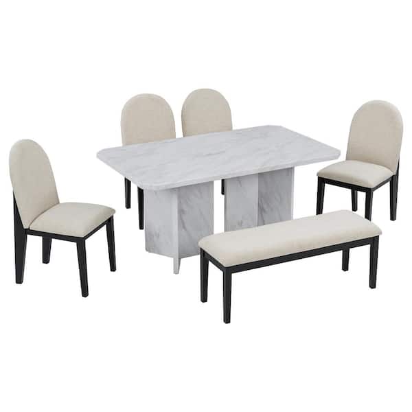 Sudzendf 6-Piece Wood Outdoor Dining Set with White Cushion, Faux Marble Table and 4 Upholstered Dining Chairs and 1 Bench