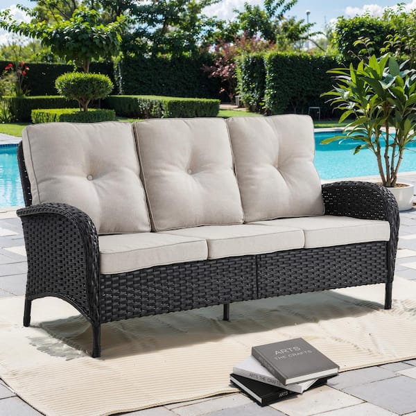 Gymojoy Annies 1-Piece Black Wicker Outdoor Sectional Couch Patio 3-Seat Sofa with Beige Cushions
