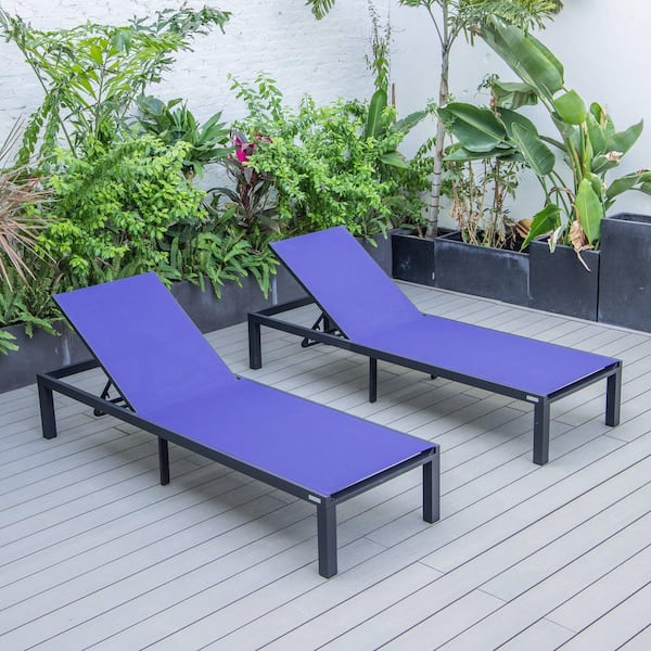 Leisuremod Black Powder Coated Aluminum Frame Marlin Modern Patio Lounge Chair Chaise with Navy Blue (Set of 2)