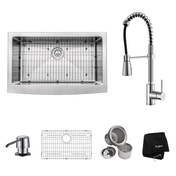 KRAUS All-in-One Farmhouse/Apron Front Stainless Steel 33 in. Single Bowl Kitchen Sink with Faucet and Accessories in Chrome