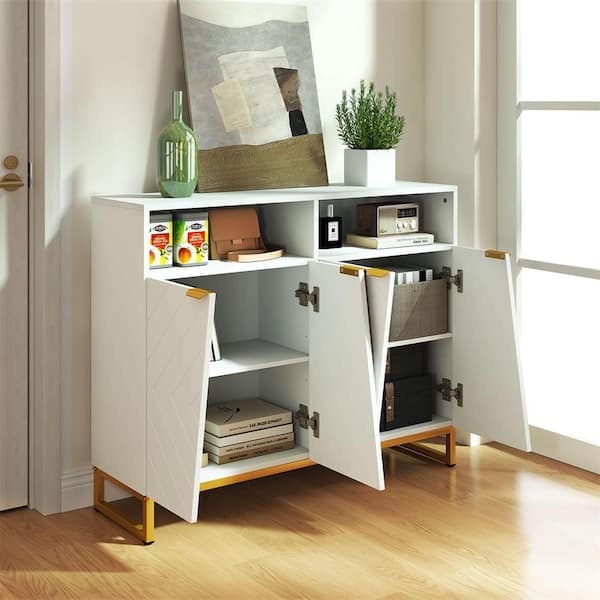 40 in. MDF Buffet Storage Cabinet in White with 4 Doors & Adjustable Shelves Anti-Tipping Kits