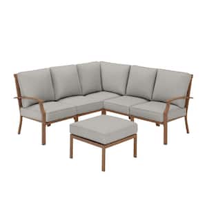 Geneva 6-Piece Brown Wicker Outdoor Patio Sectional Sofa Seating Set with Ottoman and CushionGuard Stone Gray Cushions