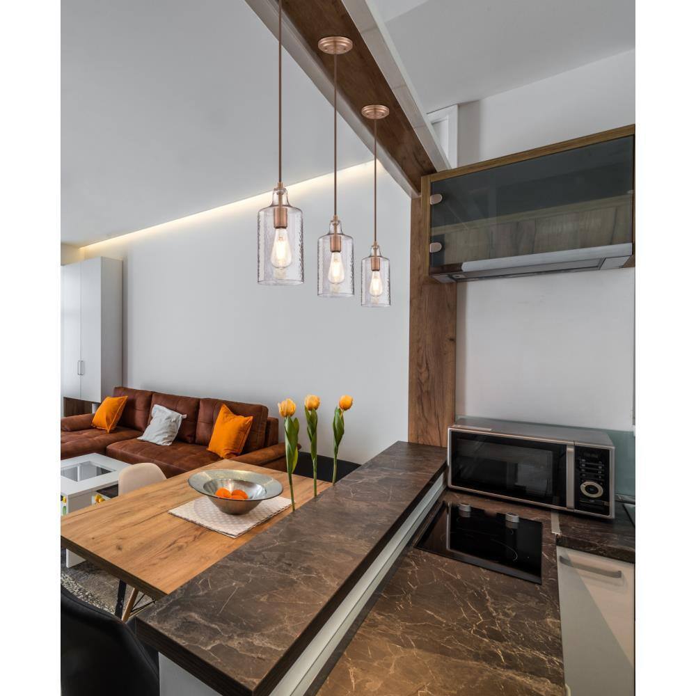 Washed Copper Mini Pendant with Clear Textured Glass Shade
