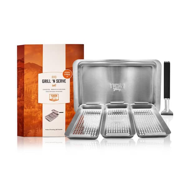 Grill N Serve BBQ Basket Set, Includes 3 BBQ Baskets, Serving Tray and Patented Clip-On Handle