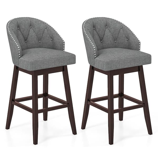Costway Grey Swivel Bar Stools Tufted Bar Height Pub Chairs with Rubber Wood Legs (Set of 2)