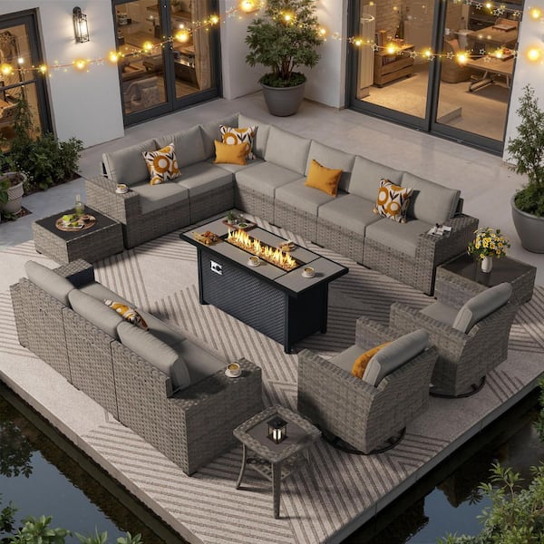 Verdure 16 Pieces Wicker Outdoor Patio Rectangular Fire Pit Set and Swivel Rocking Chairs with Dark Gray Cushions