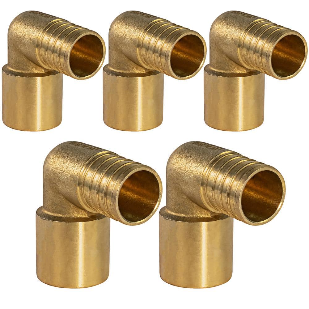 The Plumber's Choice 1 in. x 1 in. Brass Female Sweat x Pex Barb 90-Degree  Elbow Pipe Fitting (5-Pack) 01005PXSL - The Home Depot