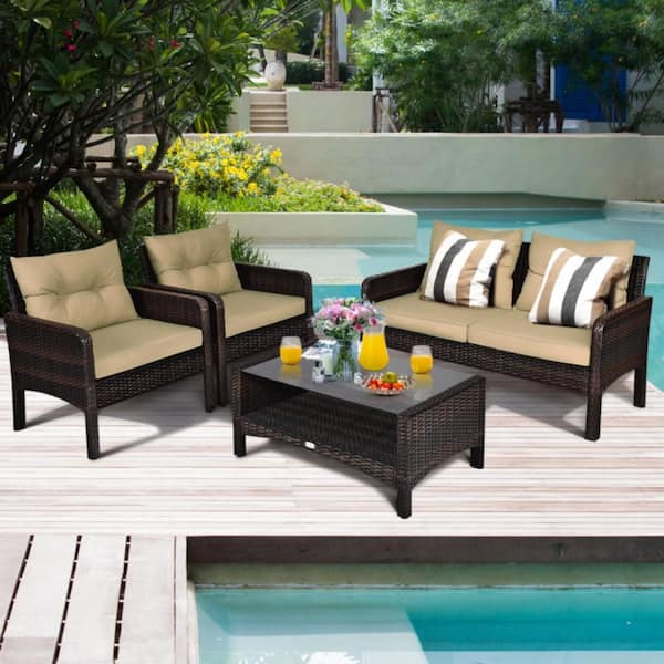 Kadehome 4-Piece Wicker Patio Conversation Set with Beige Cushions