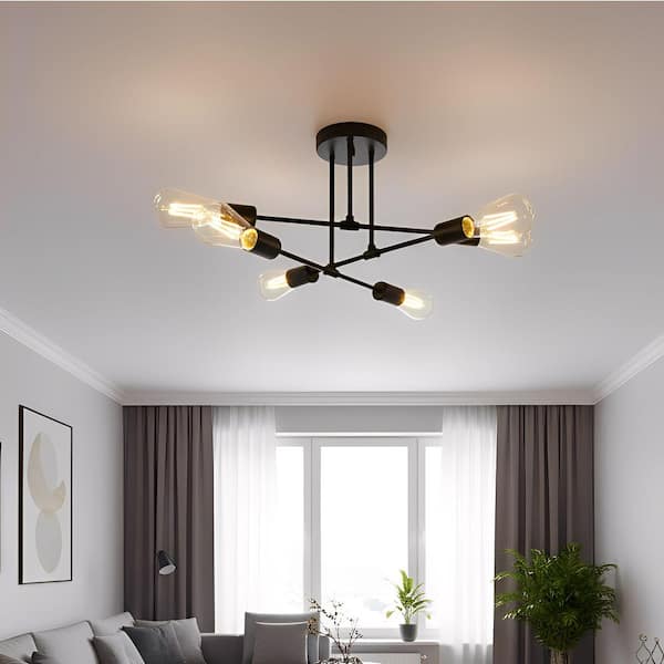 6-Light Black Sputnik Modern Linear Semi Flush Mount