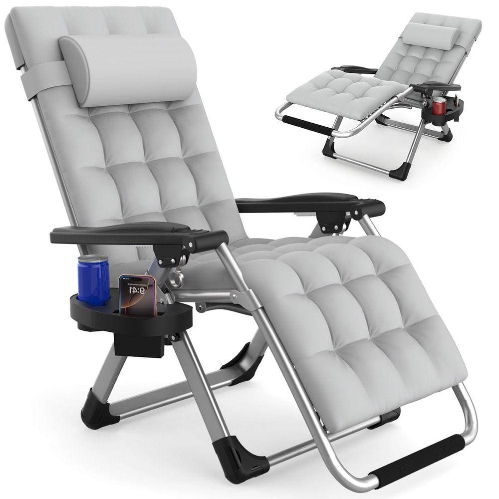 Reclining Patio Lounger Chair Steel Wide Zero Gravity Chair with Cup Holder&Headrest&Removable Gray Mattress