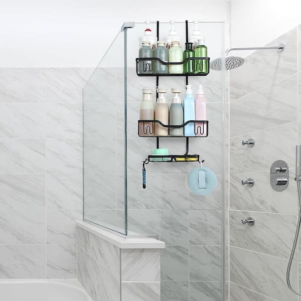Oumilen Hanging Shower Caddy Bathroom Shower Organizer Shelves with 4 Hooks and Soap Rack, Silver - Silver