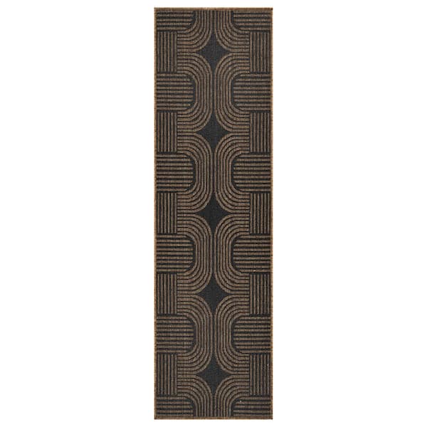 Geometric Dark Gray/Natural Easy-Care Jute-Style Indoor/Outdoor Flat Woven 2 ft. 3 in. x 8 ft. Dark Gray Area Rug