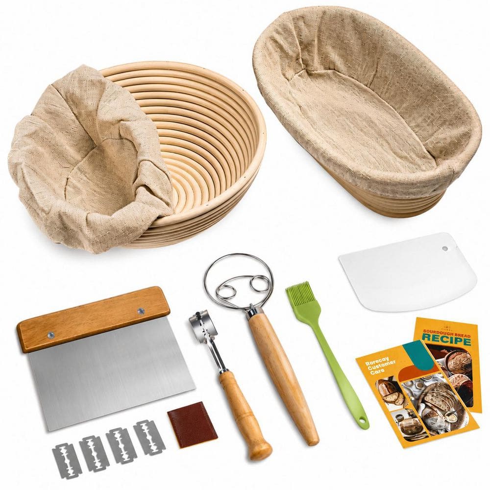 Beige Rattan Bread Proofing Basket Set with Linen Liner, Dough Whisk, Lame, Scraper and Brush for Baking price history on PriceWatchPro