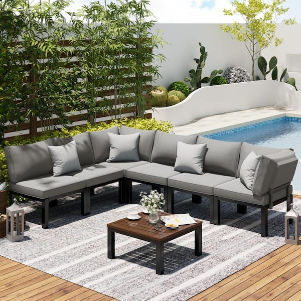 AECOJOY Black 7 Piece Metal Patio Sectional Conversation Set with Gray Cushions 16077GR HD01 The Home Depot