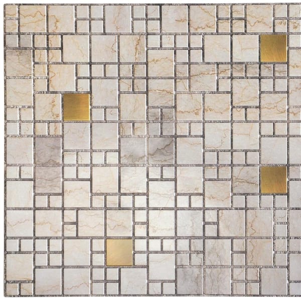 Dundee Deco 3D Falkirk Retro 1/100 in. x 38 in. x 19 in. Beige Faux Marble with Gold Squares PVC Decorative Wall Paneling (10-Pack)