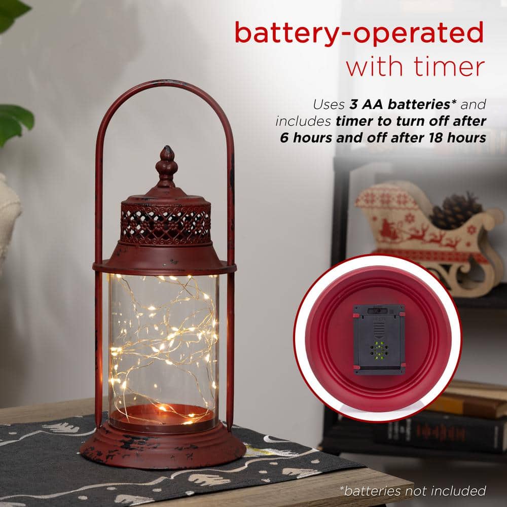 Red Antique Metal and Glass Lantern with Warm LED Lights