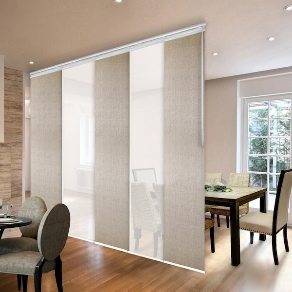EMOH Frothy Wheat 58 in. - 110 in. W x 94 in. L Adjustable 5- Panel White Single Rail Panel Track with 23.5 in. Slates