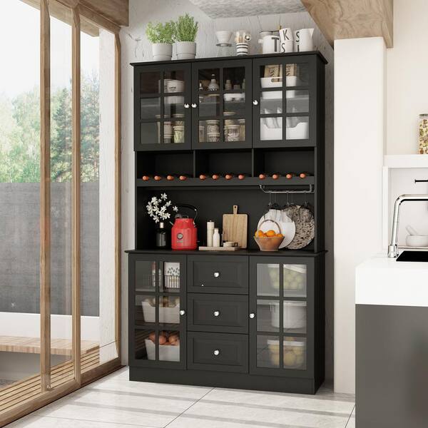 Tall Kitchen Pantry Storage Cabinet With Doors And Adjustable Shelves Metal Microwave Stand Large Freestanding Floor Cupboard Living Room Bathroom Home Office