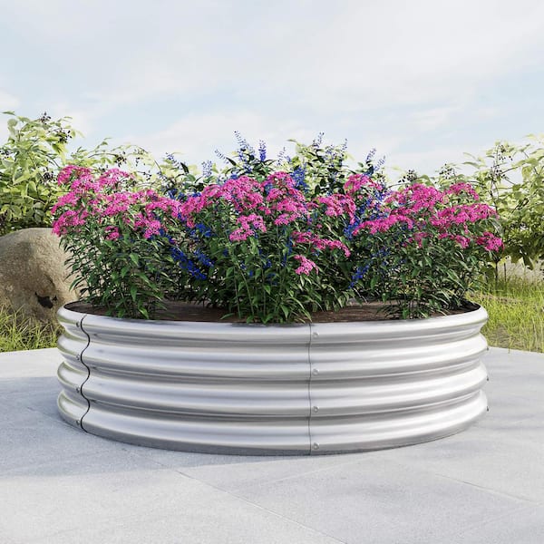 HOTEBIKE 32.08 in. Metal Patio Planter Round Raised Garden Bed, Outdoor Garden Raised Planter Box in Silver