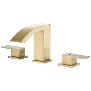 8 in. Widespread Double Handle Bathroom Faucet 3 Hole Waterfall Stainless Steel Bathroom Basin Taps in Brushed Gold