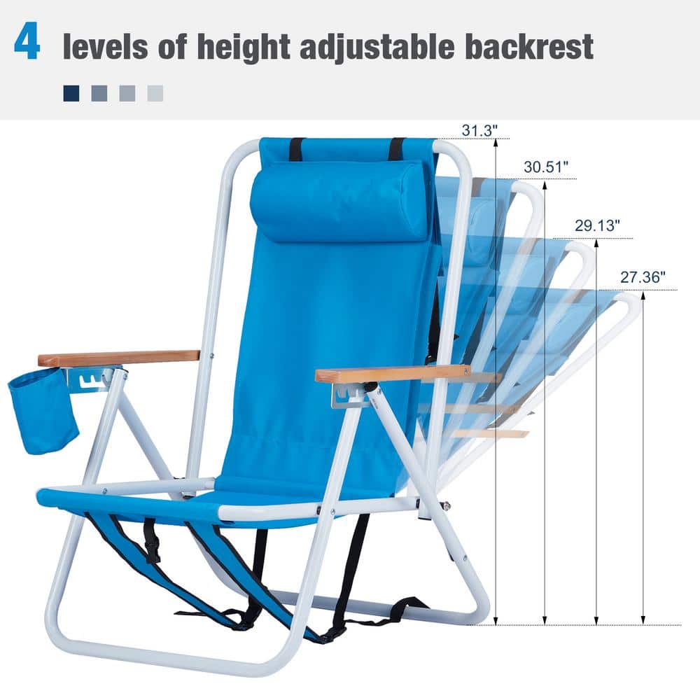 Blue Steel Folding Beach Armchair Set with Wooden Armrests