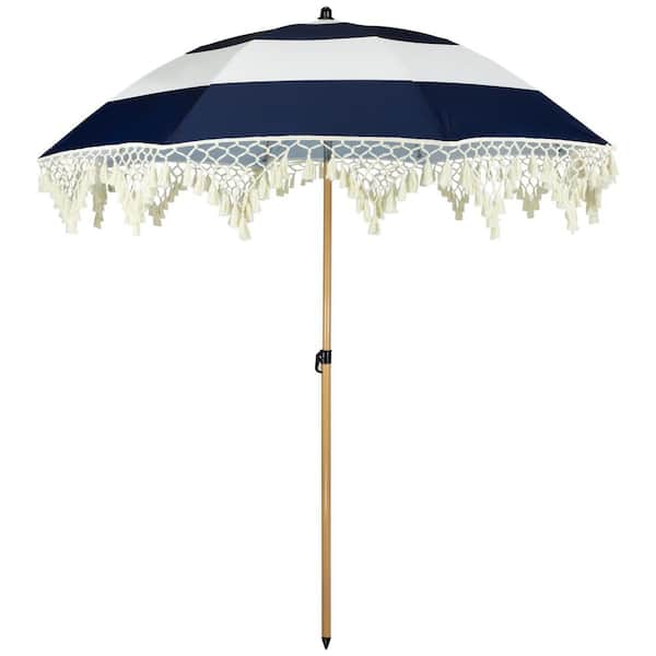 6.5 ft. Striped Outdoor Tilting Macrame Boho Beach Market Patio Umbrella-78 in. Blue and White