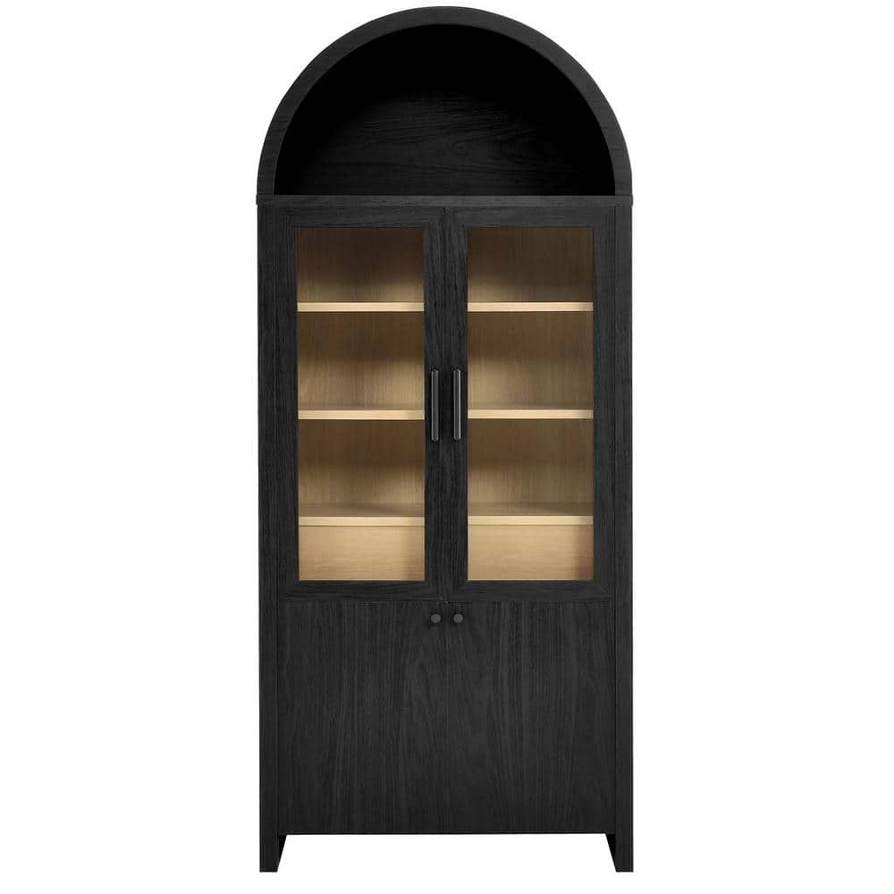 Evie Arched Black Oak Tall Display Cabinet with Glass Doors