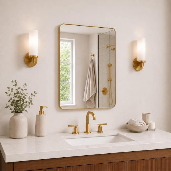 30 in. W x 36 in. H Rectangular Framed Wall Bathroom Vanity Mirror in Brass