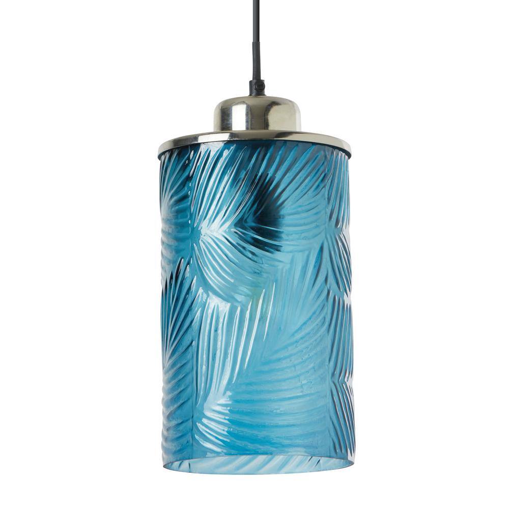 Aimee Blue Glass Cylinder Pendant Lamp with Palm Leaf Texture