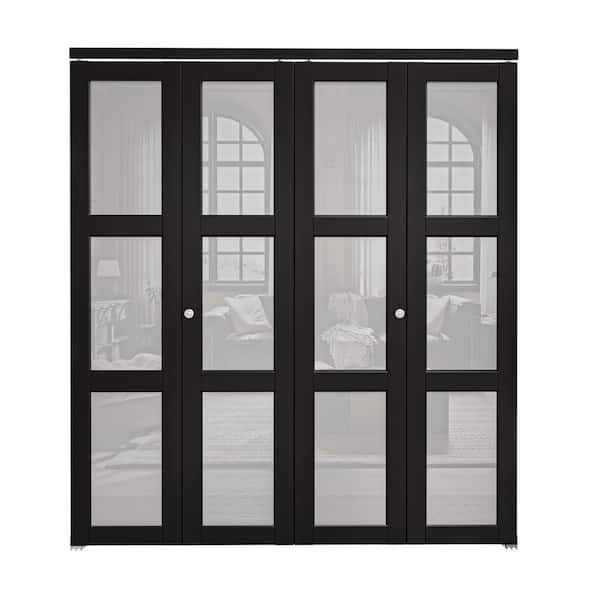 72 in. x 80 in. 3-Lite Frosted Glass Solid Core MDF Black Finished Glass Closet Bi-Fold Door with Hardware For Closet