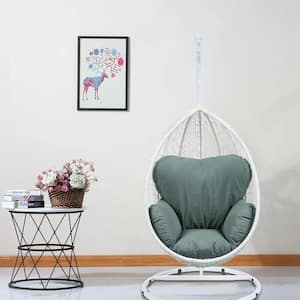 38 in. White Wicker Patio Swing Chair with Cushion in Green