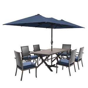 8-Piece Metal Patio Outdoor Dining Set with 6 Back-Woven Chairs,Rectangular Table, Umbrella and NavyBlue Cushions,Garden