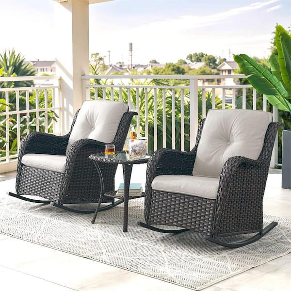 Gymojoy Carolina Brown 3-Piece Wicker Patio Conversation Set with Beige Cushions