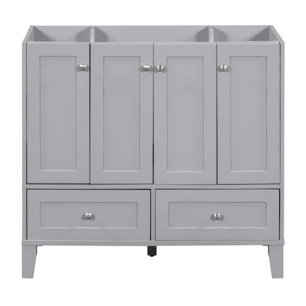 35.5 in. Solid Wood Frame Bath Vanity Cabinet without Top in Gray with 4-Soft Closing Doors and 2-Drawers