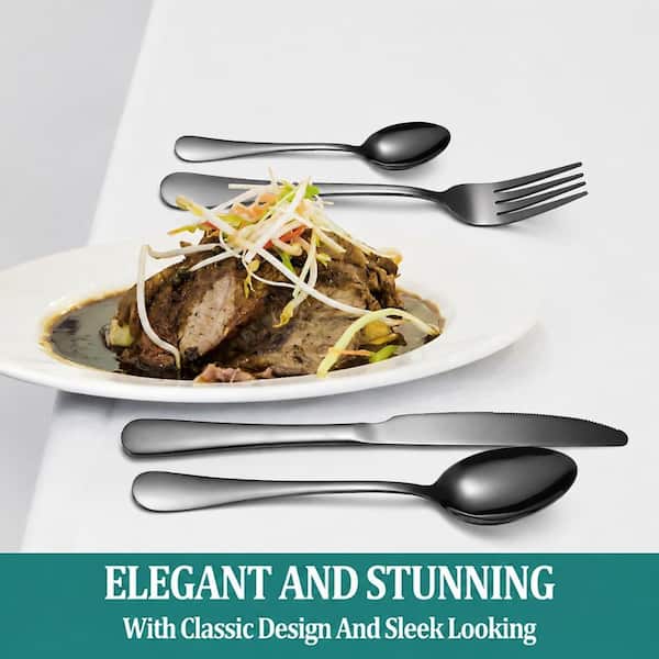 24-Piece Black Stainless Steel Flatware Set with Hanging Rack, Mirror ...
